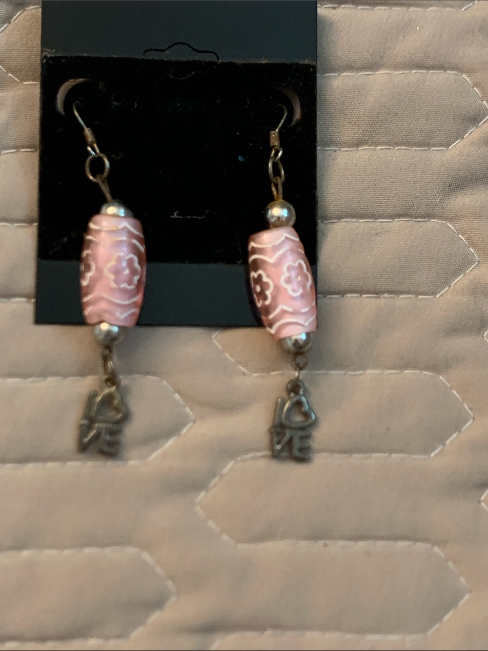 Pink Floral Bead Drop Earrings with LOVE Charm - Women Jewelry